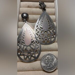Vintage Silver Filigree Teardrop Clip-On Earrings